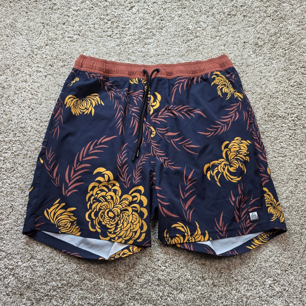 Reef Board Shorts Swim Trunks Mens Medium Navy Blue Yellow Surfing Floral Print